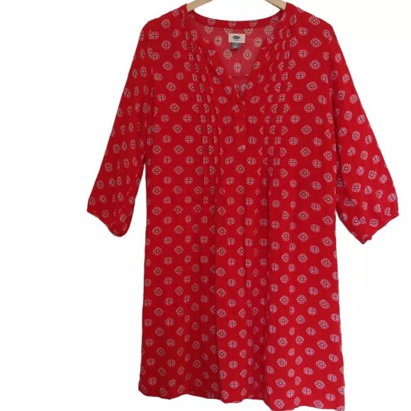 Bodice Pleated Shirt Shift Dress Old Navy M Red Geo Floral Print Grunge Boho - Picture 1 of 8
